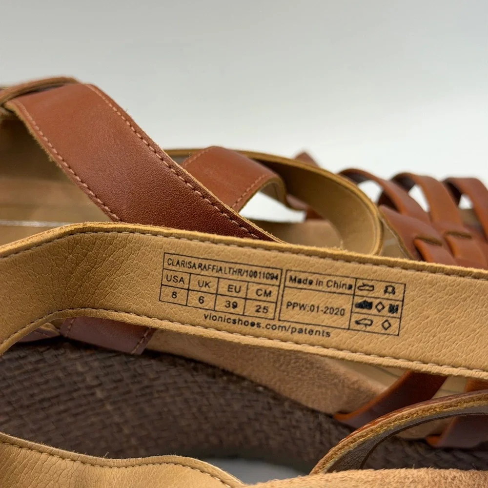 Vionic Clarisa Tan Leather Raffia Wedge Sandals Strappy Platform Brown 8